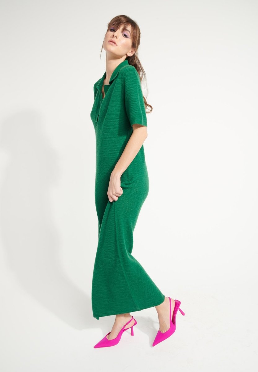 Robe longue col polo cachemire vert émeraude femme - AVA 18