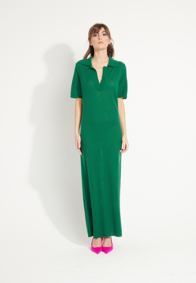 Robe longue col polo cachemire vert émeraude femme - AVA 18